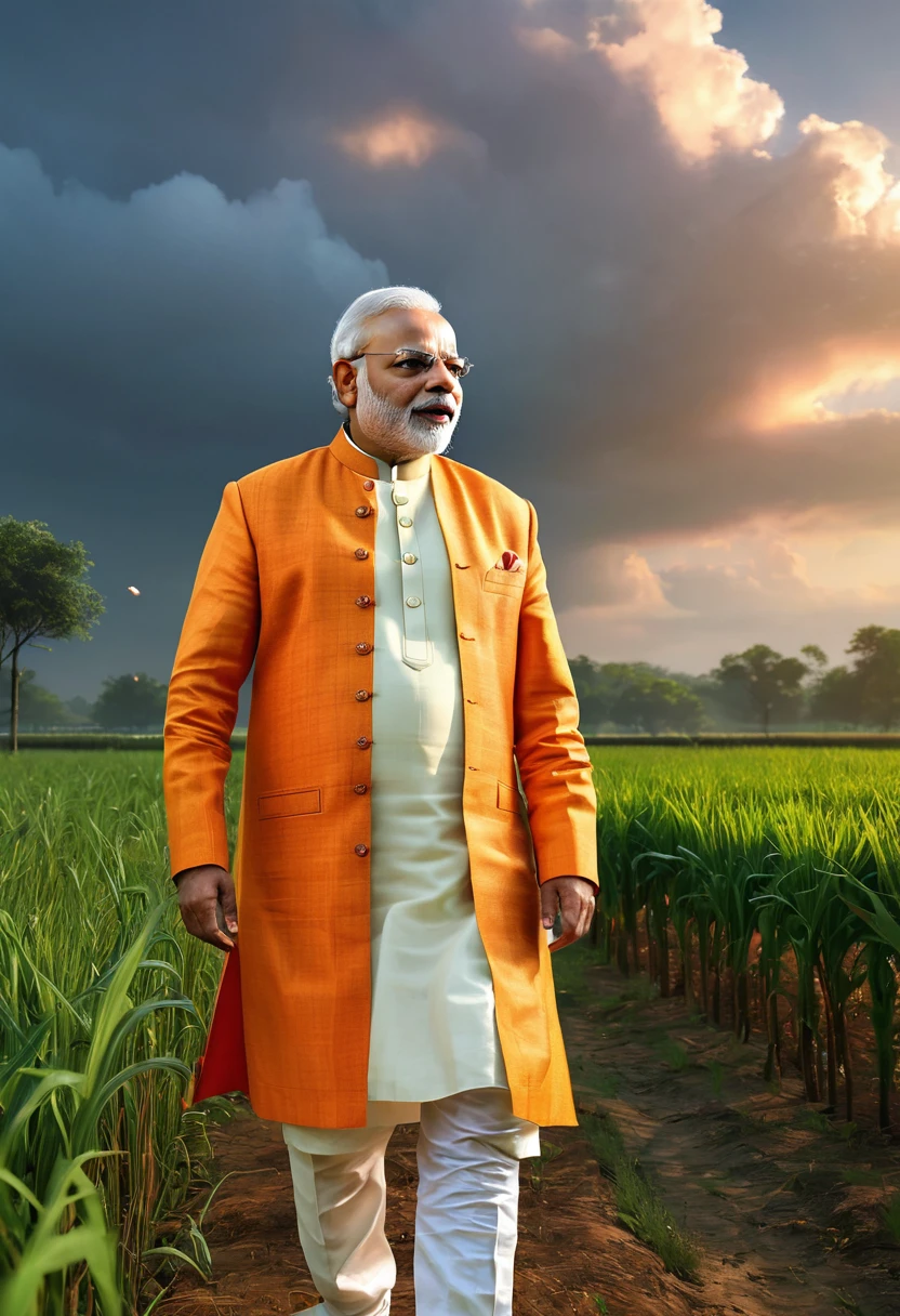 (realistic:1.3), finely detailed, quality, rembrandt lighting, (masterpiece:1.2), (photorealistic:1.2), (best quality), (detailed skin:1.3), (intricate details), dramatic, ray tracing, medium breasts, (Meadow, Sun, Clouds, Field, Farming, Starlight, Walkingtrail), Prime Minister of india Narendra Modiji dressed up a Orange Kurta and pajama, Playing Free fire on Android, sitting in the chair and table where Indian flag is sitauted, Ultra quality, show proper details