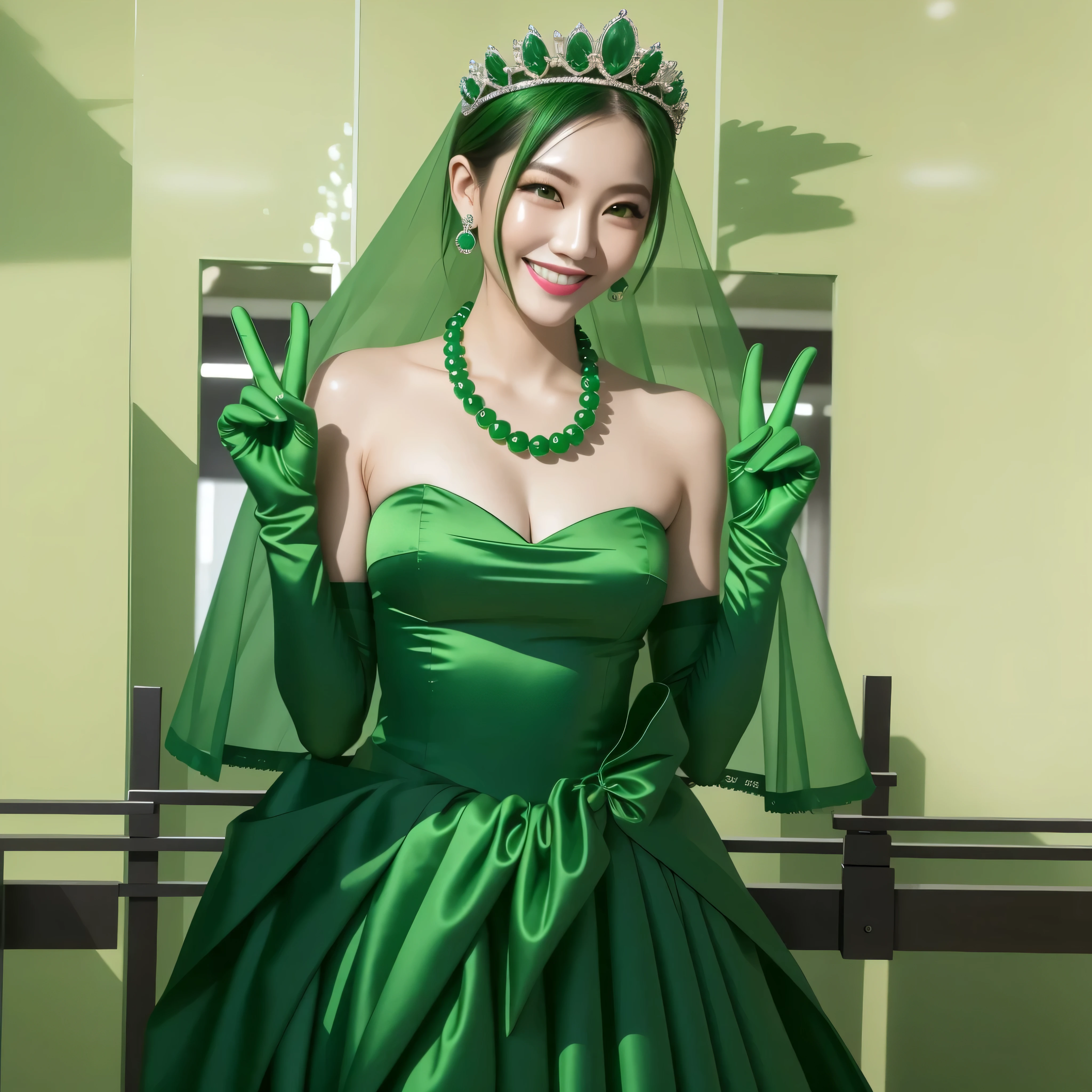 Emerald tiara, Green Pearl Necklace, boyish very short green hair, Green Lips, Smiling Japanese woman, Very short hair, Busty beautiful lady, Green Eyes, Green satin long gloves, Green Eyes, emerald earrings, Green veil, Heart with both hands, Green Hair, Beautiful Japanese Women, v sign, green lip gloss