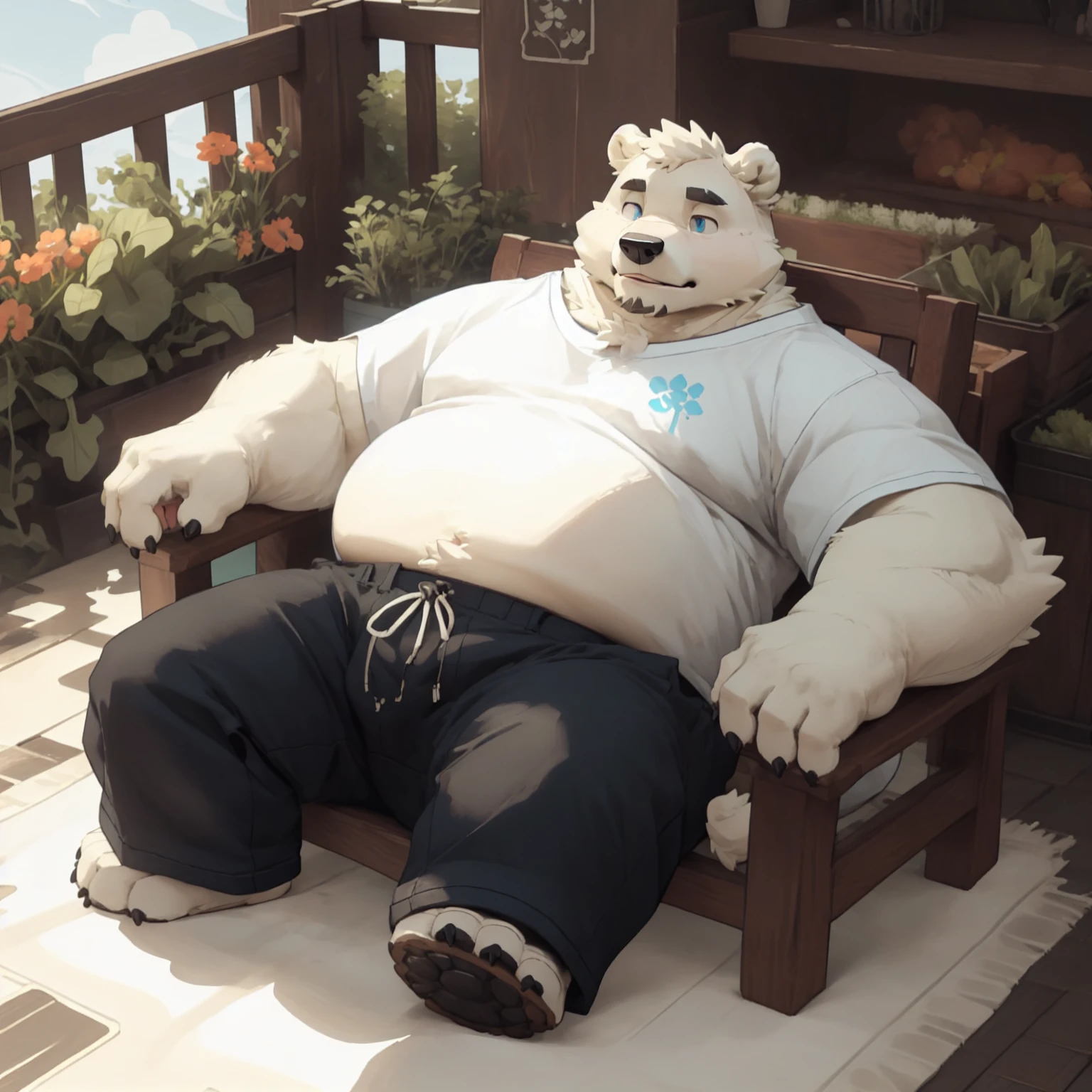 slughly chubby dad male polar bear blue eyes, laying on chair , no clothes , white briefs , watch on right hand , , smiling , under sun , spread legs , park background, sunlight, sandals , high quality , drawing , 2d , e621 , detailed lineart , shading