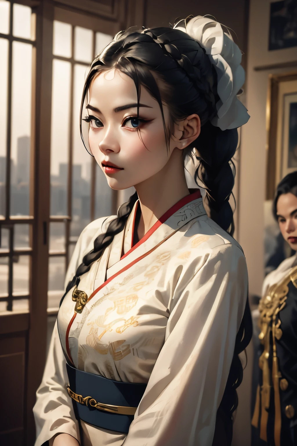 A realistic and intricately detailed masterpiece in high resolution (4k, 8k) with ultra-detailed features. The main focus of the painting is a **************** with black hair, styled in a braided bangs and a braided ponytail. She is wearing a traditional Chinese outfit called Hanfu. The girl is looking directly at the viewer, with sunlight illuminating her face. The backdrop consists of a majestic building called chengqiang, adding a historical and cultural element to the composition. The overall style should be realistic and photorealistic with vivid colors and sharp focus. The lighting should emphasize the girl's features and create a captivating atmosphere.