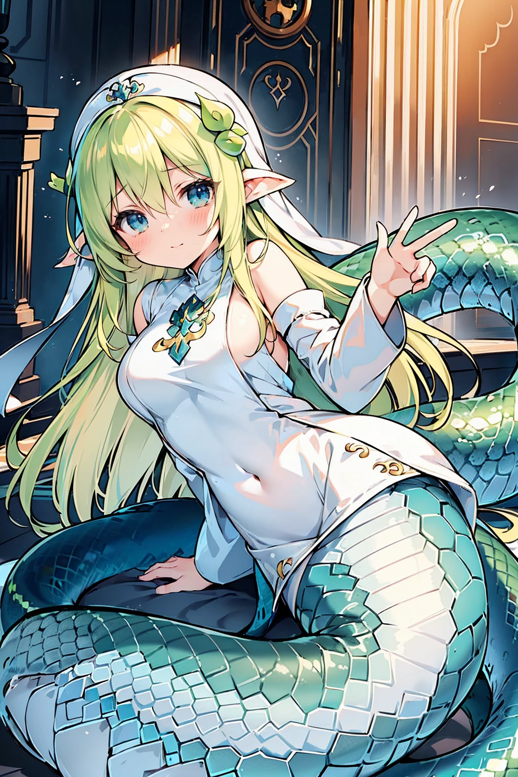 She is a yellow dragon beastkin.、Beautiful skins、Hairless pubic area、Green eyes、Silvery hair、Megachibi、Mega Mini、sexypose、