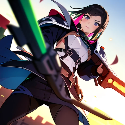 colorful , masterpiece, best quality, 1girl, weapon, solo, fantasy weapon, ((blurry background)), orange, green, violet, brown, white, (((depth of field))), dutch angle, combat,