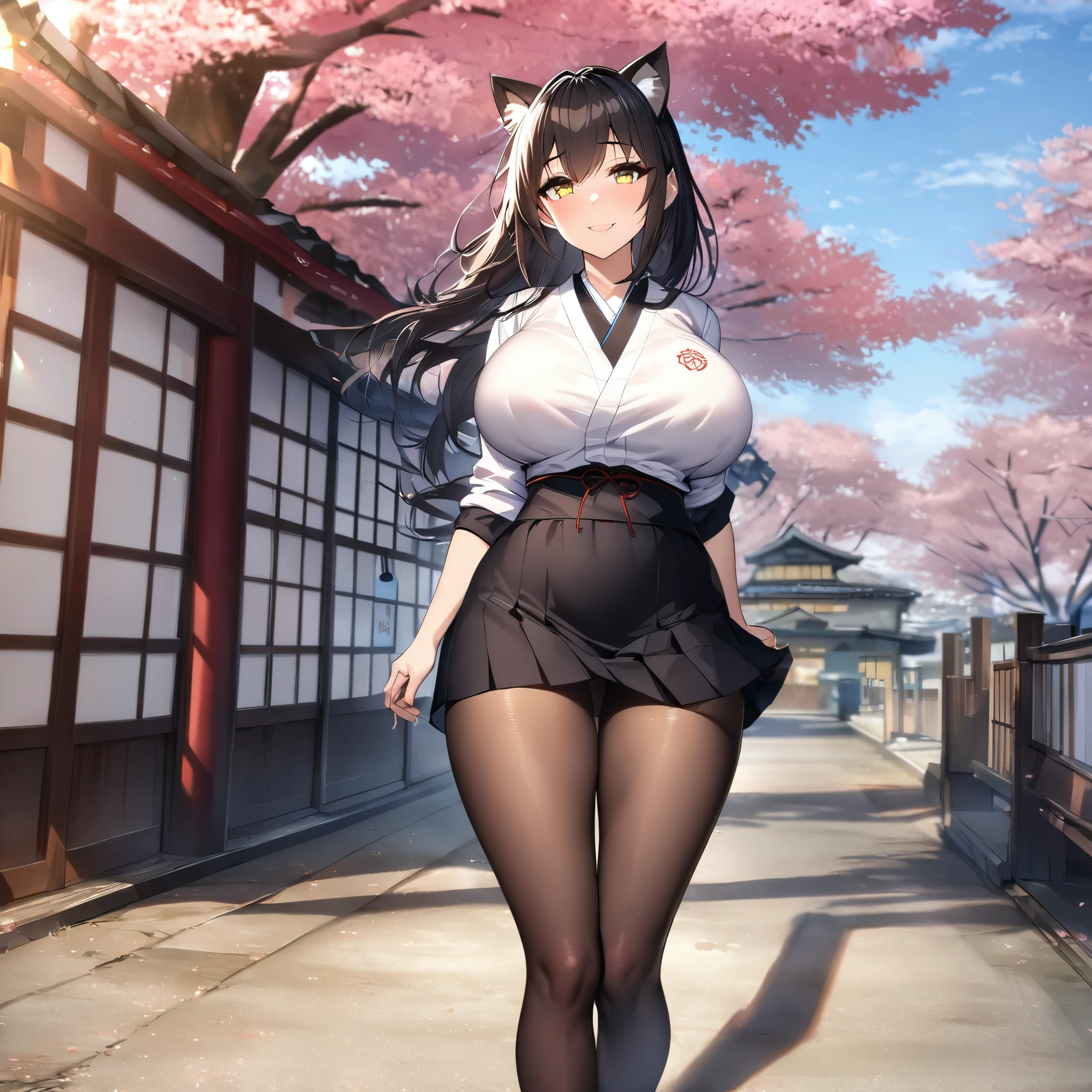 A woman wearing a Japanese , white school shirt, short black skirt, thick brown tights, black hair, neko ears, yellow eyes, smiling, big breasts, full body, walking outside a Japanese school with sakura tree,HDR, ultra resolution, well defined, masterpiece, 8K HD (woman solo )
