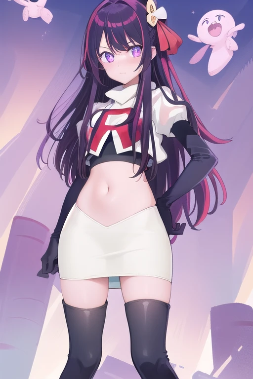 1girl, Hoshino Ai, long hair, purple hair, streaked hair ,purple eyes, star-shaped pupils, hair ornament, team rocket,team rocket uniform,white skirt,red letter R,crop top,black thigh-highs,black elbow gloves