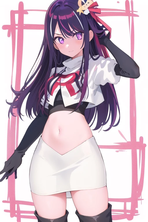1girl, Hoshino Ai, long hair, purple hair, streaked hair ,purple eyes, star-shaped pupils, hair ornament, team rocket,team rocket uniform,white skirt,red letter R,crop top,black thigh-highs,black elbow gloves