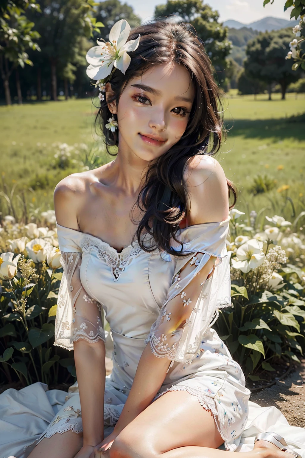 Best quality, masterpiece, ultra high res, (photorealistic:1.4), raw photo, 1girl, white dress, off shoulder, blossom flower field, glowing skin, light smile