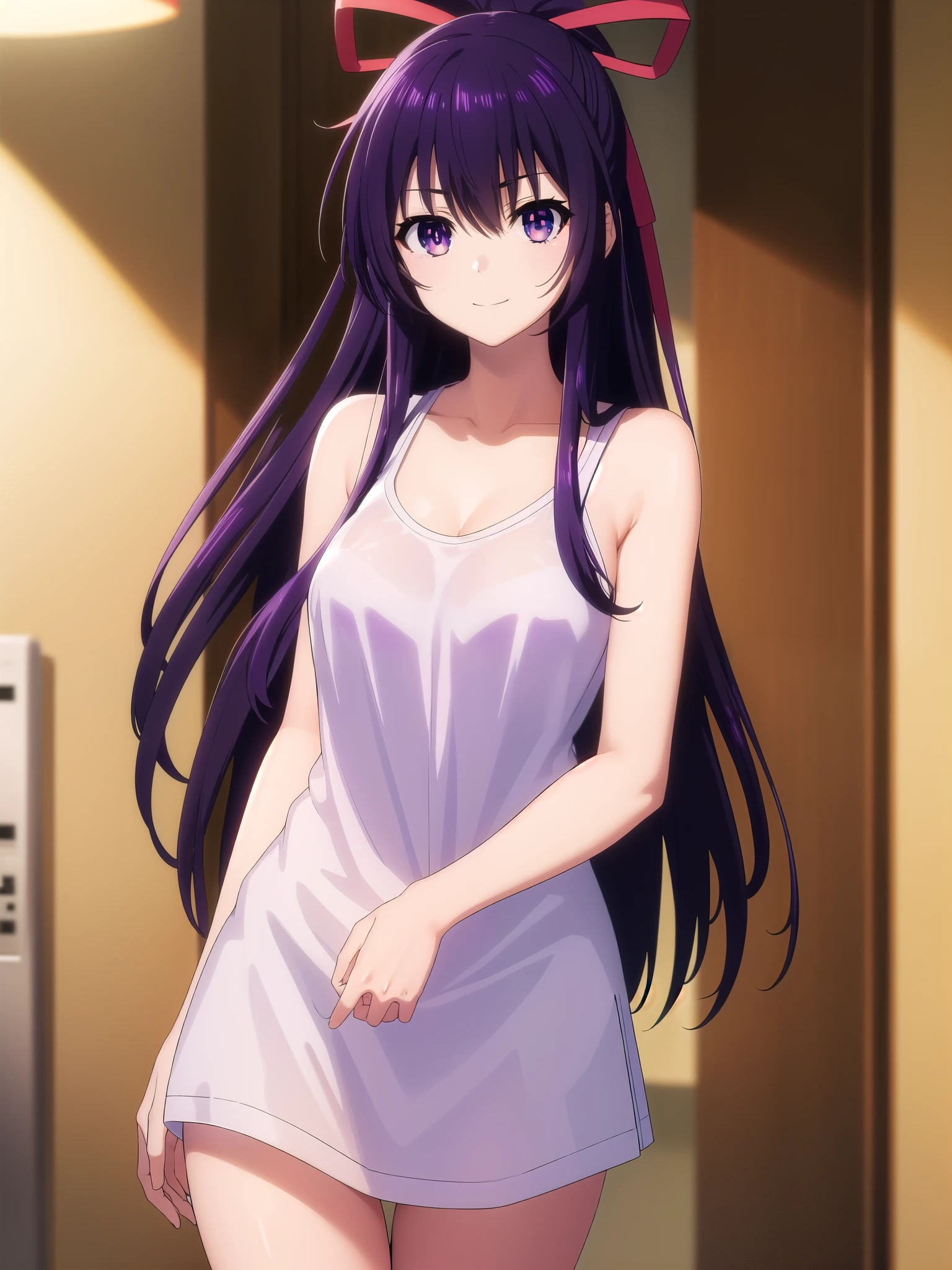 tohkayatogami, tohka yatogami casual, long hair, purple hair, alluringly smile, (purple eyes:1.1), hair ribbon, ponytail, purple hair, white ribbon, white shirt, sleeveless, collar shirt, thin shirt , g cup breasts, bewitched thighs, slender waist, plump butt ,
BREAK ,
BREAK indoor, hotel lobby, alone,
BREAK looking at viewer, standing , hand on neck, close up view
BREAK (masterpiece:1.2), best quality, high resolution, unity 8k wallpaper, (illustration:0.8), (beautiful detailed eyes:1.6), extremely detailed face, perfect lighting, extremely detailed CG, (perfect hands, perfect anatomy),