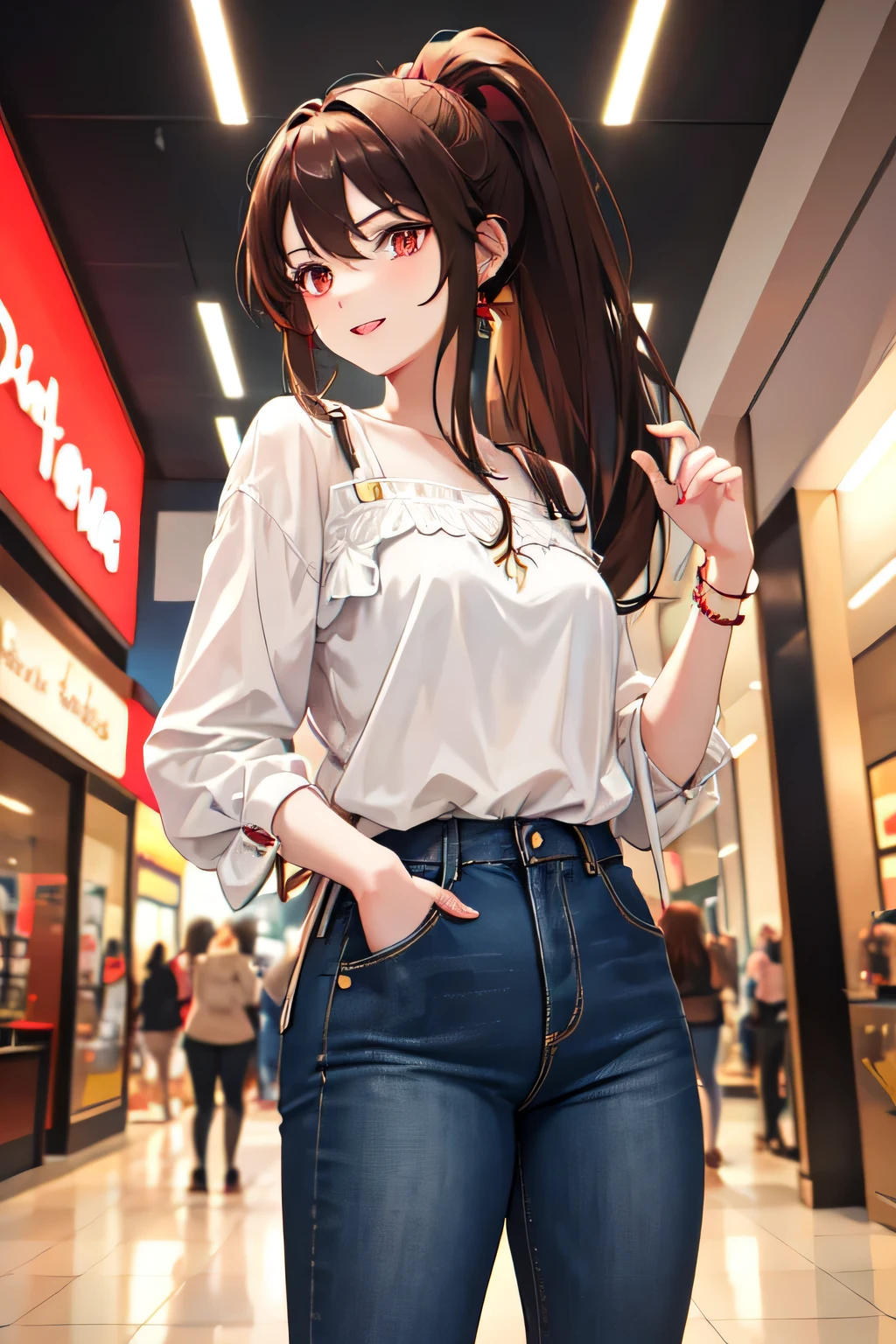 1girl,20y.o,blouse and ankle jeans,brown hair,mullet haircut,long hair,ponytail hairstyle,light red eyes,Mall background, happy expression