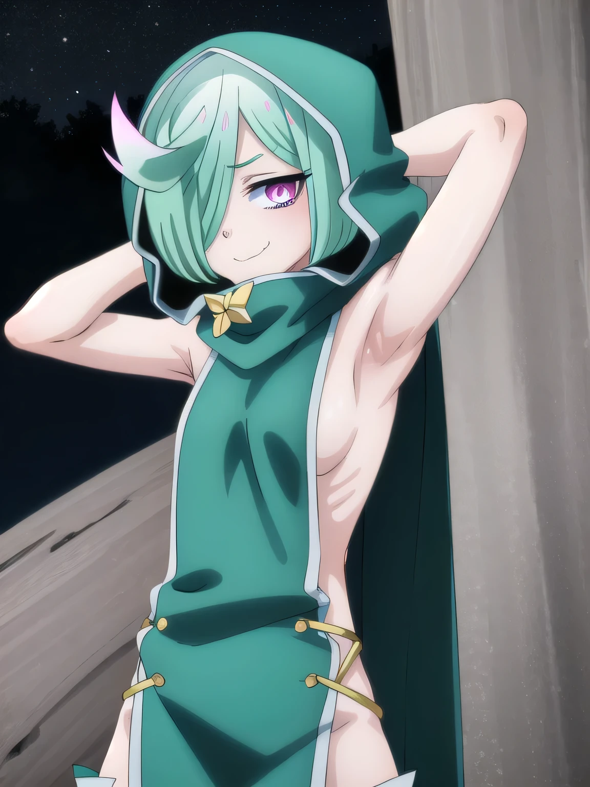 high quality, nemo anemo, short hair, green hair, (pink eyes:1.3), (hair over one eye:1.5), aqua hair, ahoge, thighhighs, detached sleeves, hood, eyes, sideboob, sideless outfit, closed mouth, solo, upper body, night sky, forest, arms behind head, contrapposto, spread armpits, smile