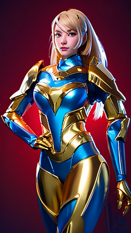 medium long body shot of beautiful cyborg girl in shiny gold armor suit, beautiful cyborg girl pinup, cute cyborg girl, hyperrealistic fantasy art, beautiful white girl cyborg, broken beautiful female android, sci-fi fantasy art, detailed sci-fi art, Atmosphere sci-fi movies background ,red and blue edge lighting effect