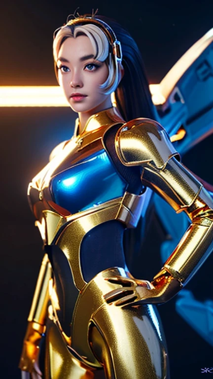 medium long body shot of beautiful cyborg girl in shiny gold armor suit, beautiful cyborg girl pinup, cute cyborg girl, hyperrealistic fantasy art, beautiful white girl cyborg, broken beautiful female android, sci-fi fantasy art, detailed sci-fi art, Atmosphere sci-fi movies background ,red and blue edge lighting effect
