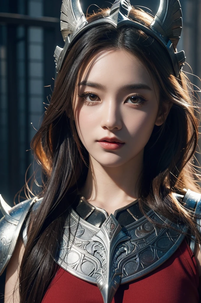 (top-quality,​masterpiece),Close up portrait of woman in silver and red dress posing,Colossal ,Beautiful face,well proportioned face,Bunching up long hair,detailed fantasy art、closes mouth,Fanart Meilleure ArtStation、epic exquisite character art、Dragon helmet,Beautiful armor、Armor with intricate details,extremely detailed art germ、Detailed Digital Anime Art、armor girl,valkyrie,Painted on the waist,