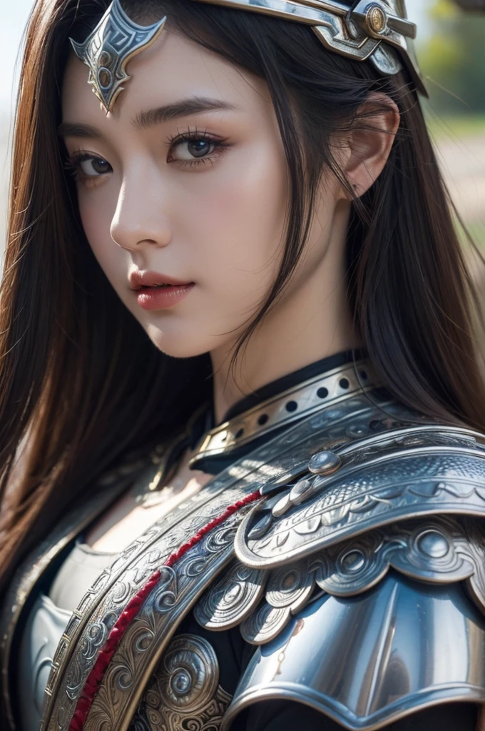 (top-quality,​masterpiece),Close up portrait of woman in silver and red dress posing,Colossal ,Beautiful face,well proportioned face,Bunching up long hair,detailed fantasy art、closes mouth,Fanart Meilleure ArtStation、epic exquisite character art、Dragon helmet,Beautiful armor、Armor with intricate details,extremely detailed art germ、Detailed Digital Anime Art、armor girl,valkyrie,Painted on the waist,