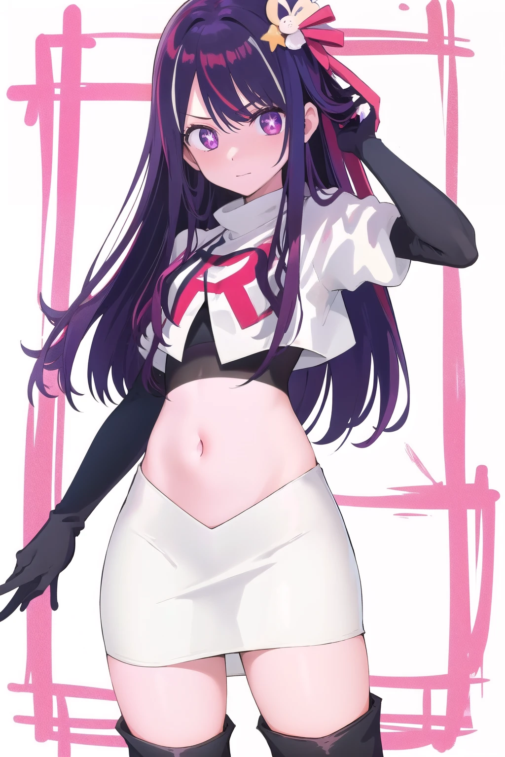 1girl, Hoshino Ai, long hair, purple hair, streaked hair ,purple eyes, star-shaped pupils, hair ornament, team rocket,team rocket uniform,white skirt,red letter R,crop top,black thigh-highs,black elbow gloves