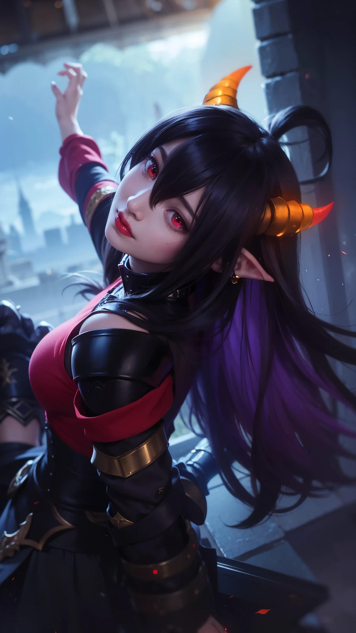 (female:1.2), 8k, ultra hd, ultra detailed texture, hyper realistic, masterpiece, detailed texture, detailed face, detailed skin, detailed lighting, (photorealistic:1.5), best quality, beautiful lighting, cinematic lighting, professional lighting, ultra highres, realistic, detailed hair, real hair, high quality, (realskin:1.5), extremely detailed, finely detail, ultra-detailed, 1girl, solo, elf, pointy ears, standing, demon horns, forehead protector, (red eyes:1.5), v-shapped eyebrow, lips, red lips, evil smile, nose, make up, pretty, beautiful, long hair, black hair, high ponytail, large breasts, cleavage, armpit, navel, stomach, black armor, pauldrons, bare shoulders, shoulder armor, thigh high, sleevless, detached sleeves, breastplate, gauntlets, karina \(mobile legends\), depth of field, looking aways, white skin, skin tight, amazing pose, outdoors, glowing, dark view, elf ears.