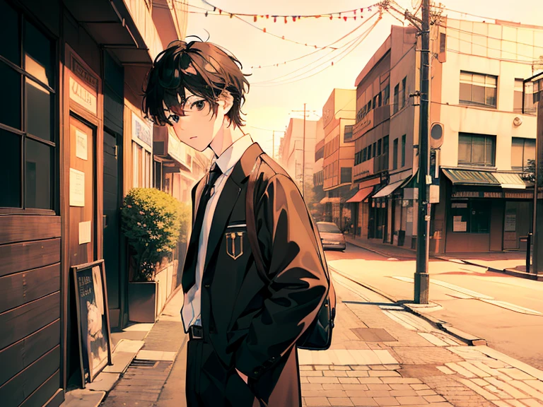 ((((boy, men)))),(((taken from the front, 1 boy, white , short hair, black hair, black eyes, high school student, tall, serious face, tie))), (On the way home from school), (Uniform), (Masterpiece), (High resolution), (Top quality), (Super delicate), ((Line drawing manga style)), Wallpaper, Manga style illustration, Painting style, (unique atmosphere), unique world view, unique atmosphere, ((town)), (masterpiece), (high resolution), (highest quality), (super delicate), line drawing manga style, comic style illustration, how to draw, warm outline color, (clear), (obvious)