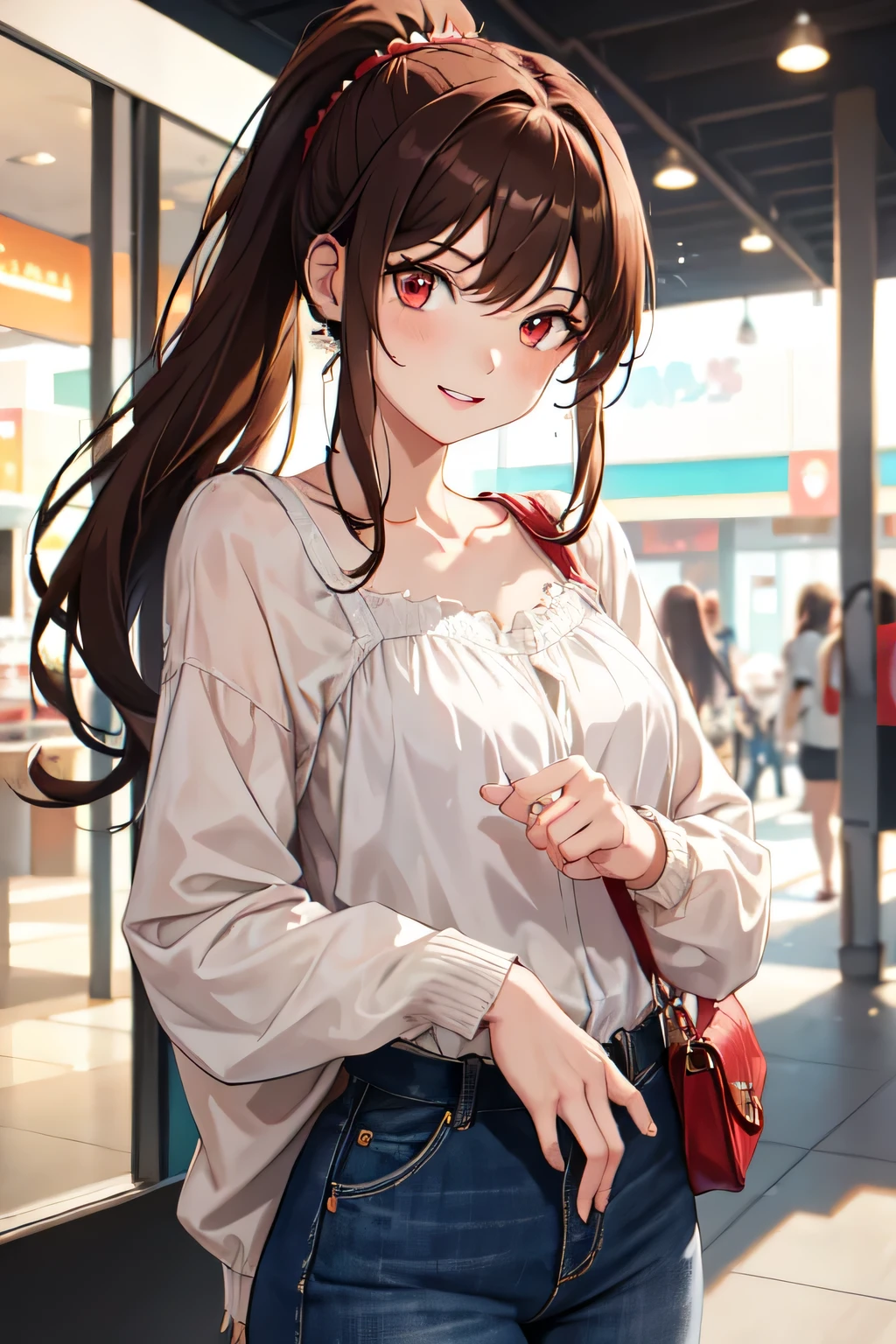 1girl,20y.o,blouse and ankle jeans,brown hair,mullet haircut,long hair,ponytail hairstyle,light red eyes,Mall background, happy expression