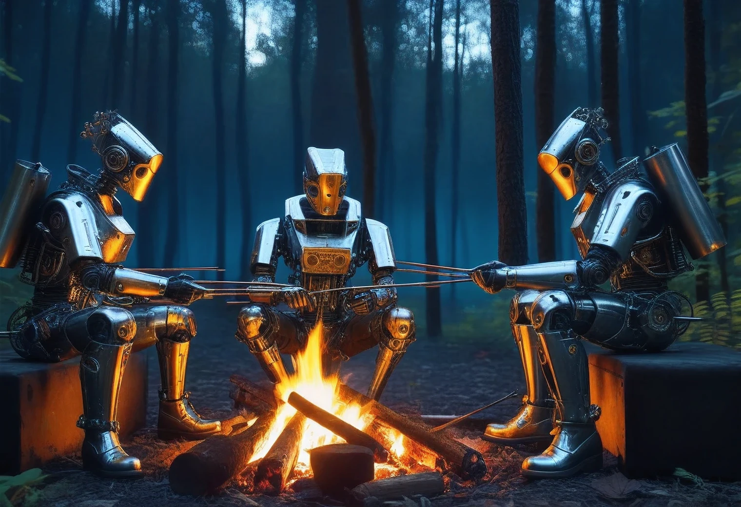 3 complex cyborgs are sitting in the forest at night near Campfire and frying metal gears on skewers, high detail, cyborgs are shown in detail, a combination of steampunk and Hi-tech Tech, difficult, filigree, realistic brush strokes, high texture smoothing, real, existing