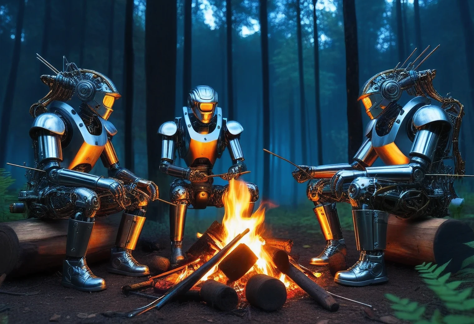 3 complex cyborgs are sitting in the forest at night near Campfire and frying metal gears on skewers, high detail, cyborgs are shown in detail, a combination of steampunk and Hi-tech Tech, difficult, filigree, realistic brush strokes, high texture smoothing, real, existing