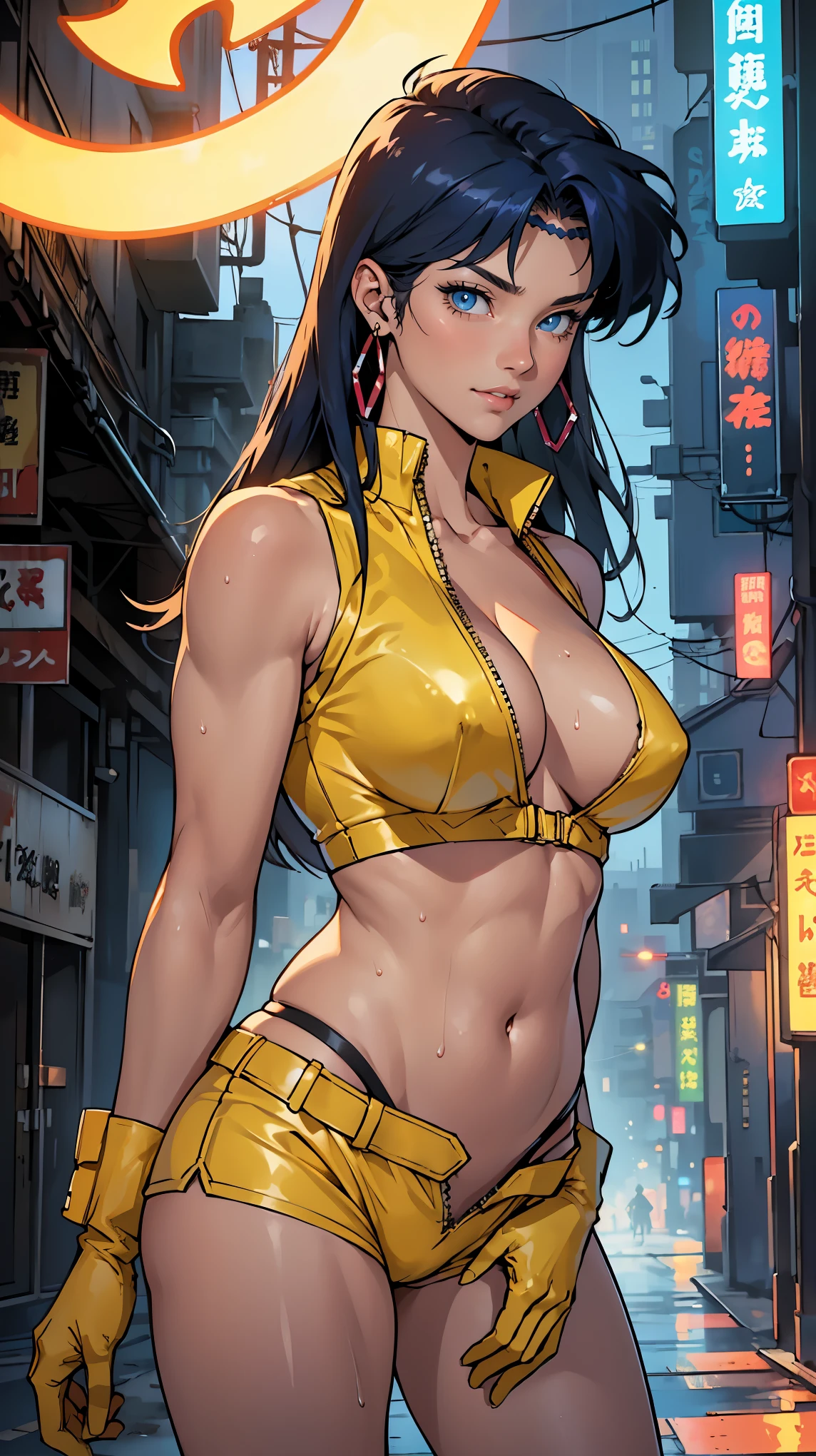 ((masterpiece, highest quality; 1.3)), super quality, Beautiful details, Very detailed, Ultra-fine, 16k, Exquisite, abs urd, High resolution, Beautiful background, Detailed Background, Beautiful Eyes, Beautiful Skin, Anime Style, ((1 Female, solo)), Are standing, dirtypairyuri, Blue eyes, glossy lips, very long straight hair:1.1, View your viewers, Pretty face, A bewitching, soft smile, Slender body, Fat, Plump, big breasts, Yellow gloves, belly button, Cleavage, jewelry, Earrings, Yellow shorts, abdomen, Yellow Crop Top, Clothing cutouts, Cleavage cutout, yellow gloves, Cameltoe, Enchanting, Fascinating, Put your fingertips to your lips, Bent waist, Enchantingなポーズ, Bewitching atmosphere, Sweaty:1.3, Sweat and shiny skin, Drifting steam:1.1, Cyberpunk City Background, (((Yuri from Dirty Pair provocatively seducing the viewer)))