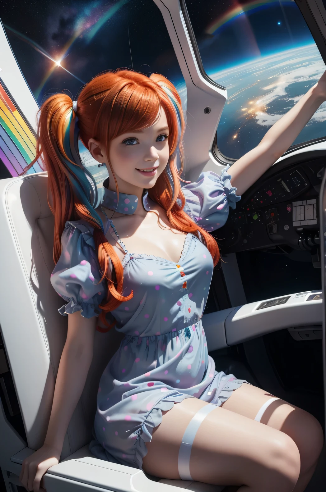 chemise(overhead view) Cute redhead with rainbow colored hair tips, ribbons in her hair, 18-year-old woman, happy, smiling, in twin tails, perfect eyes, clear sparkling blue eyes, pale skin, silky smooth white skin, alabaster skin, flying a fancy metal luxurious space ship, futuristic cockpit, she's a pilot, outer space seen in windows, dark warm lighting, wearing a futuristic silk body suit, low cut top (chemise), (pastel rainbow colors, and polka dots), puffy sleeves silk.