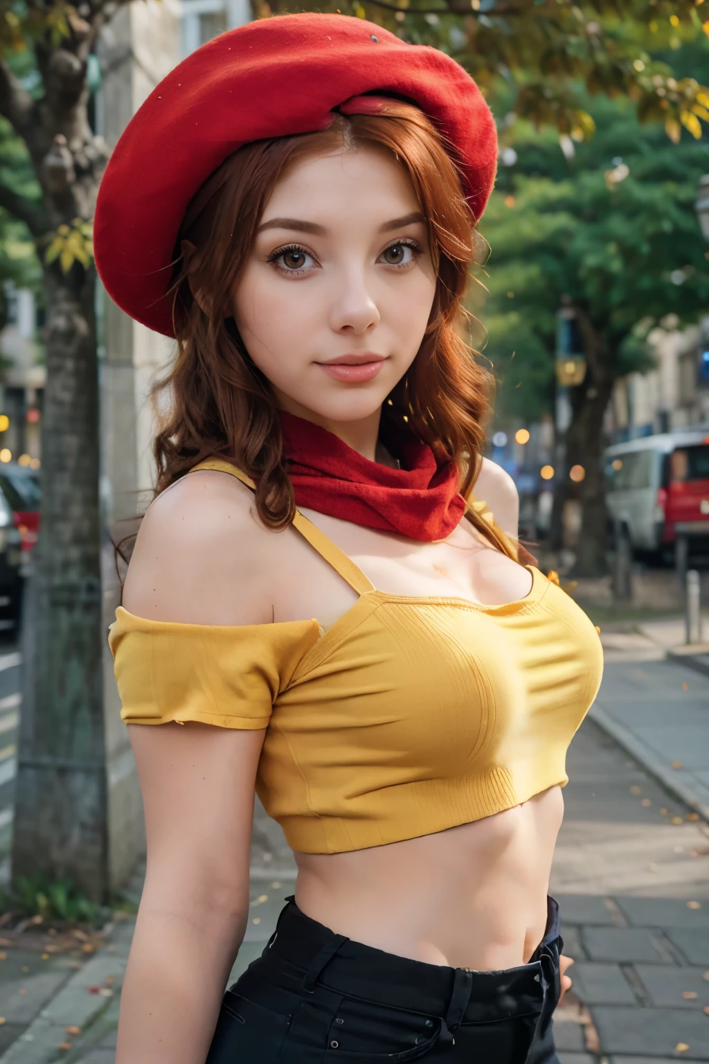 arafed woman with red hair and a black top and a yellow scarf, better known as amouranth, amouranth, wearing a french beret, young beautiful amouranth, an oversized beret, wearing a beret, cute young redhead girl, jovana rikalo, wearing a chocker and cute hat, redhead girl, flowing ginger hair, 🍁 cute