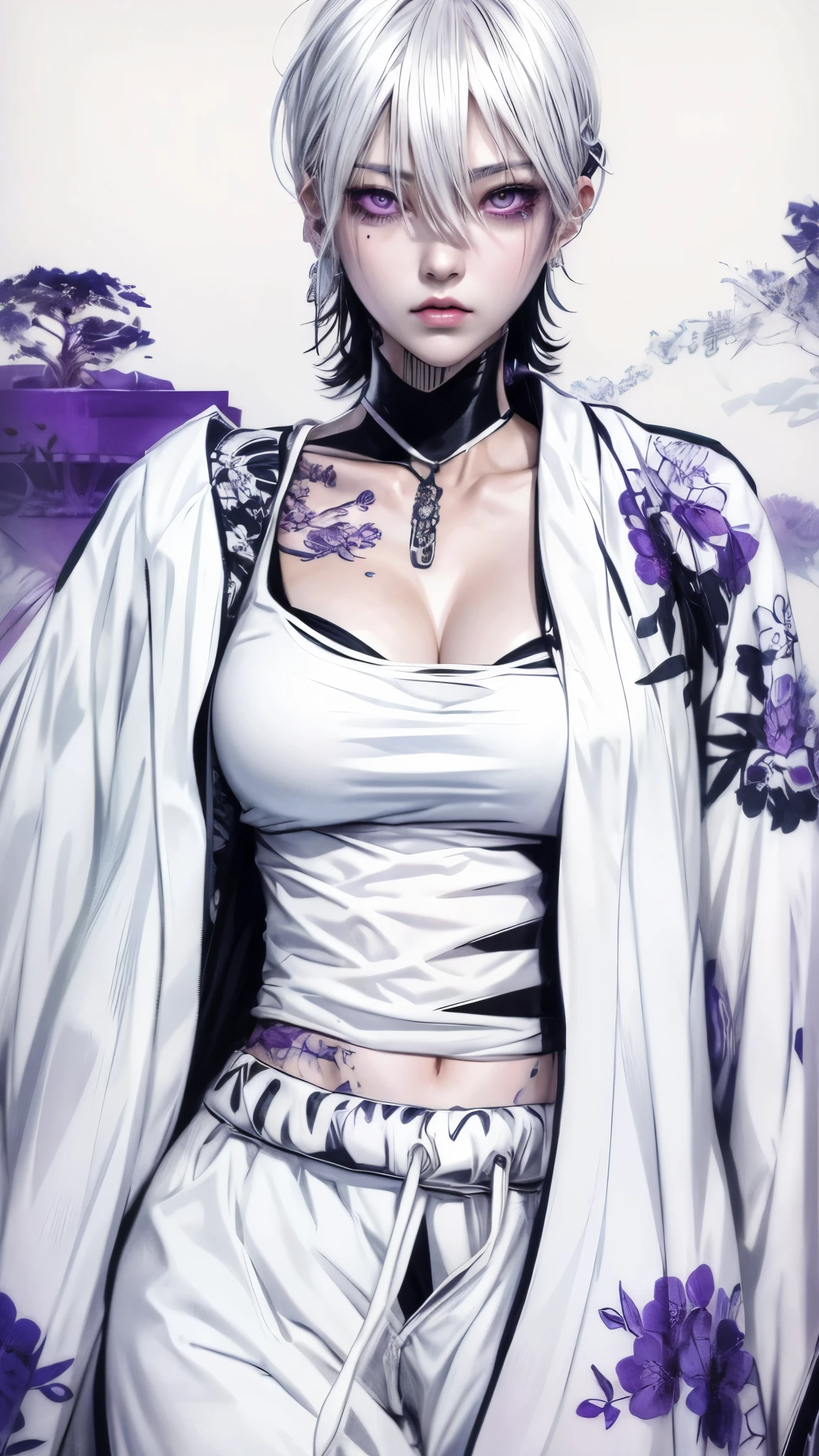 a woman with a tattoo on her chest and a white top, Takeda Kaneshiro, Wind Breaker, white hair, purple eyes, inspired by Kusumi Morikage, shikanosuke yagaki, anime character; full body art, yakuza slim girl, bleach manga style, style of hajime isayama, in kimono, inspired by Nishikawa Sukenobu, manga character, sui ishida art manga