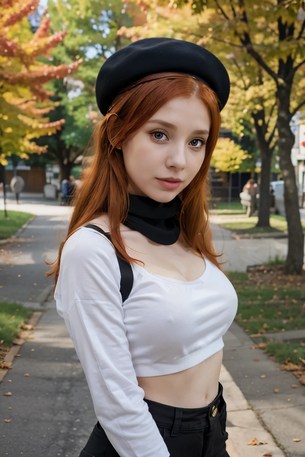 arafed woman with red hair and a black top and a yellow scarf, better known as amouranth, amouranth, wearing a french beret, young beautiful amouranth, an oversized beret, wearing a beret, cute young redhead girl, jovana rikalo, wearing a chocker and cute hat, redhead girl, flowing ginger hair, 🍁 cute
