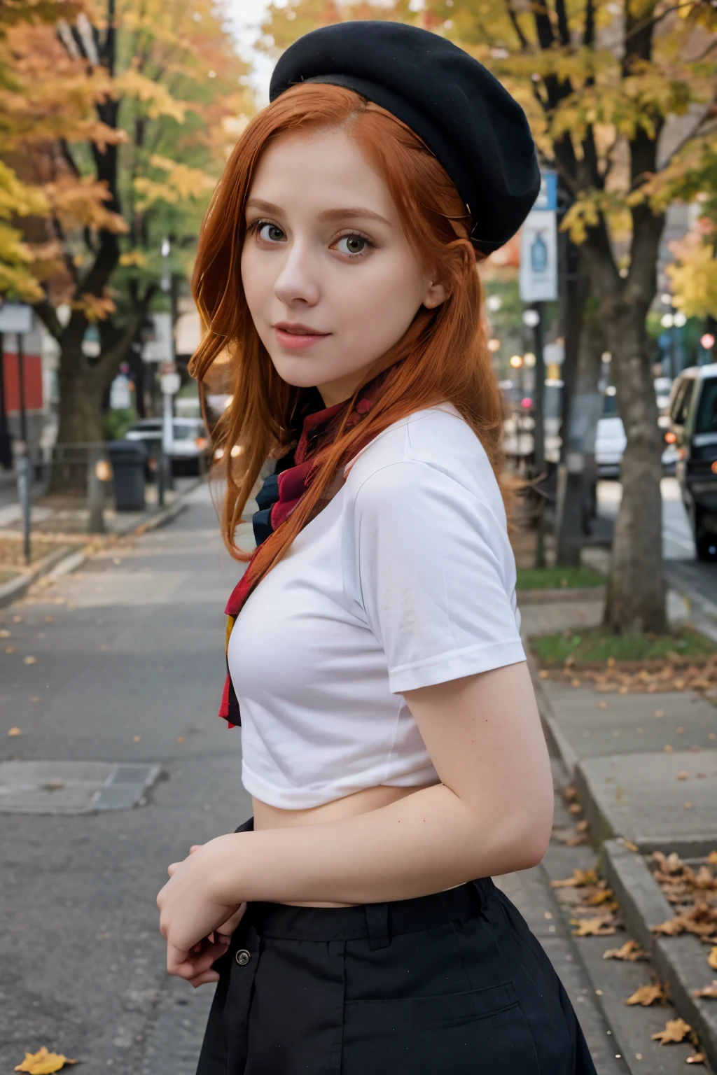 arafed woman with red hair and a black top and a yellow scarf, better known as amouranth, amouranth, wearing a french beret, young beautiful amouranth, an oversized beret, wearing a beret, cute young redhead girl, jovana rikalo, wearing a chocker and cute hat, redhead girl, flowing ginger hair, 🍁 cute