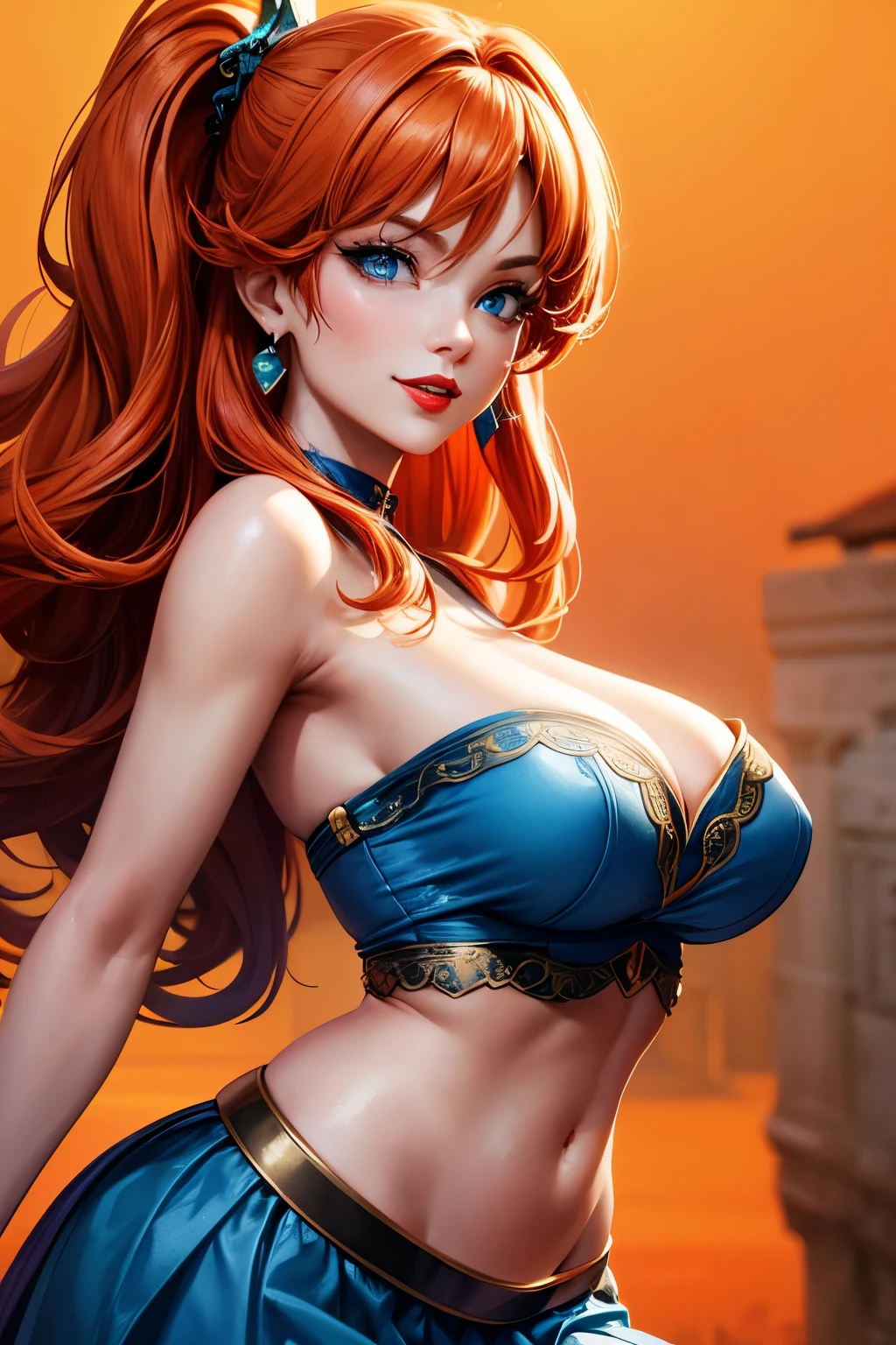 Masterpiece, full hd, high quality, super detail, woman, 30 years, perfect body, medium breasts, red lips, seductive smile, passionate look, blue eyes, orange hair, blue crio top, green skirt, tattu, 2d background, social media composition, seductive posture, from side 