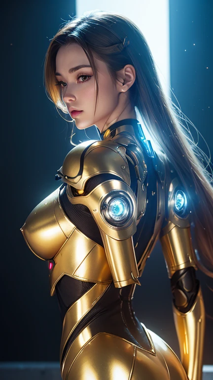 medium long body shot of beautiful cyborg girl in shiny gold armor suit, beautiful cyborg girl pinup, cute cyborg girl, hyperrealistic fantasy art, beautiful white girl cyborg, broken beautiful female android, sci-fi fantasy art, detailed sci-fi art, Atmosphere sci-fi movies background ,red and blue back lighting effect
