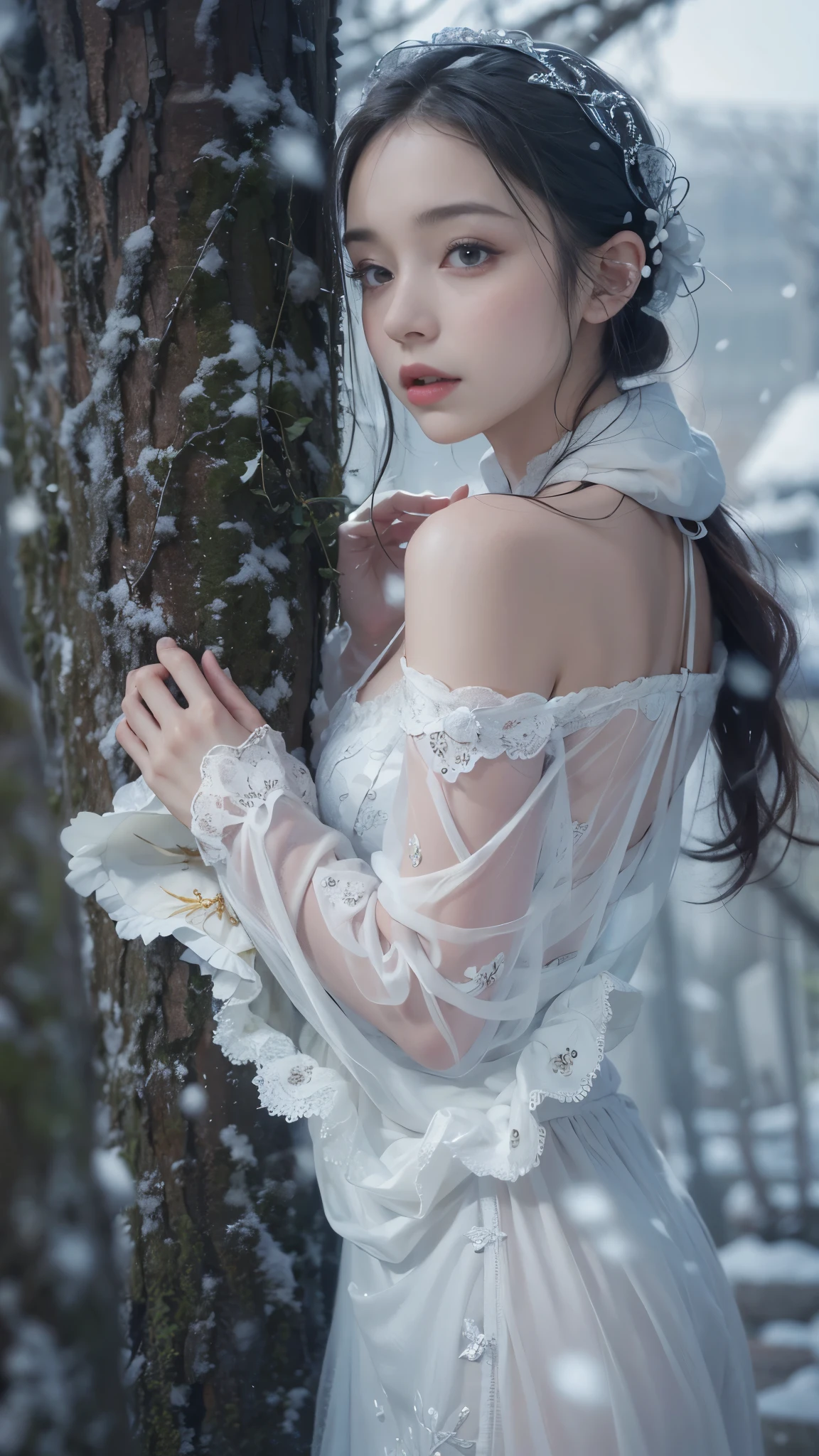 (8k,RAW photos, Best quality, masterpiece:1.2),(Realistically, Shoot real:1.4),hide your face from sadness,
Lolita clothing,Lace, Iris Gainsborough, Upper part of the body,thigh,Lace, underwear,Expose bare shoulders, external, (external,Covered with snow,cloak,) high quality, Adobe Lightroom, High Detail Skin, Looking at the audience,
