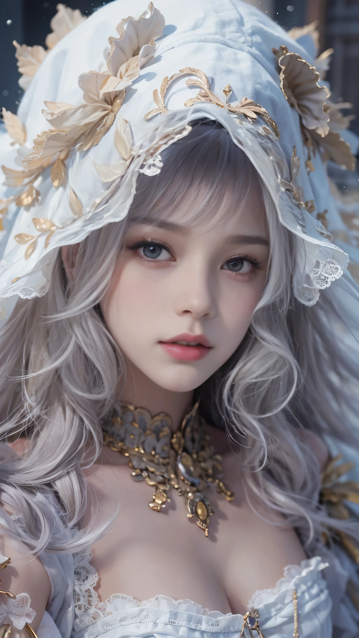 (8k, RAW photos, Best quality, masterpiece:1.2),(Realistically, Shoot real:1.4),hide your face from sadness,
ta clothing,Lace, Iris Gainsborough, Upper part of the body, underwear,Expose bare shoulders, external, (external,Covered with snow,cloak), High Detail Skin, Looking at the audience,