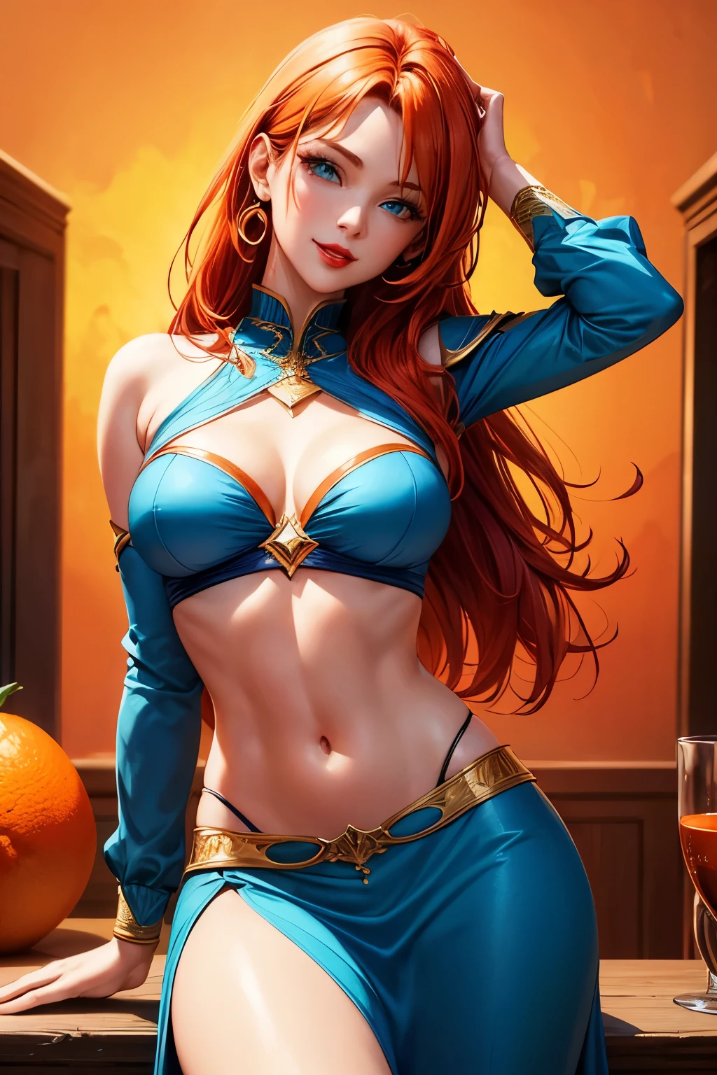 Masterpiece, full hd, high quality, super detail, woman, 30 years, perfect body, medium breasts, red lips, seductive smile, passionate look, blue eyes, orange hair, blue crio top, green skirt, tattu, 2d background, social media composition, seductive posture, from side