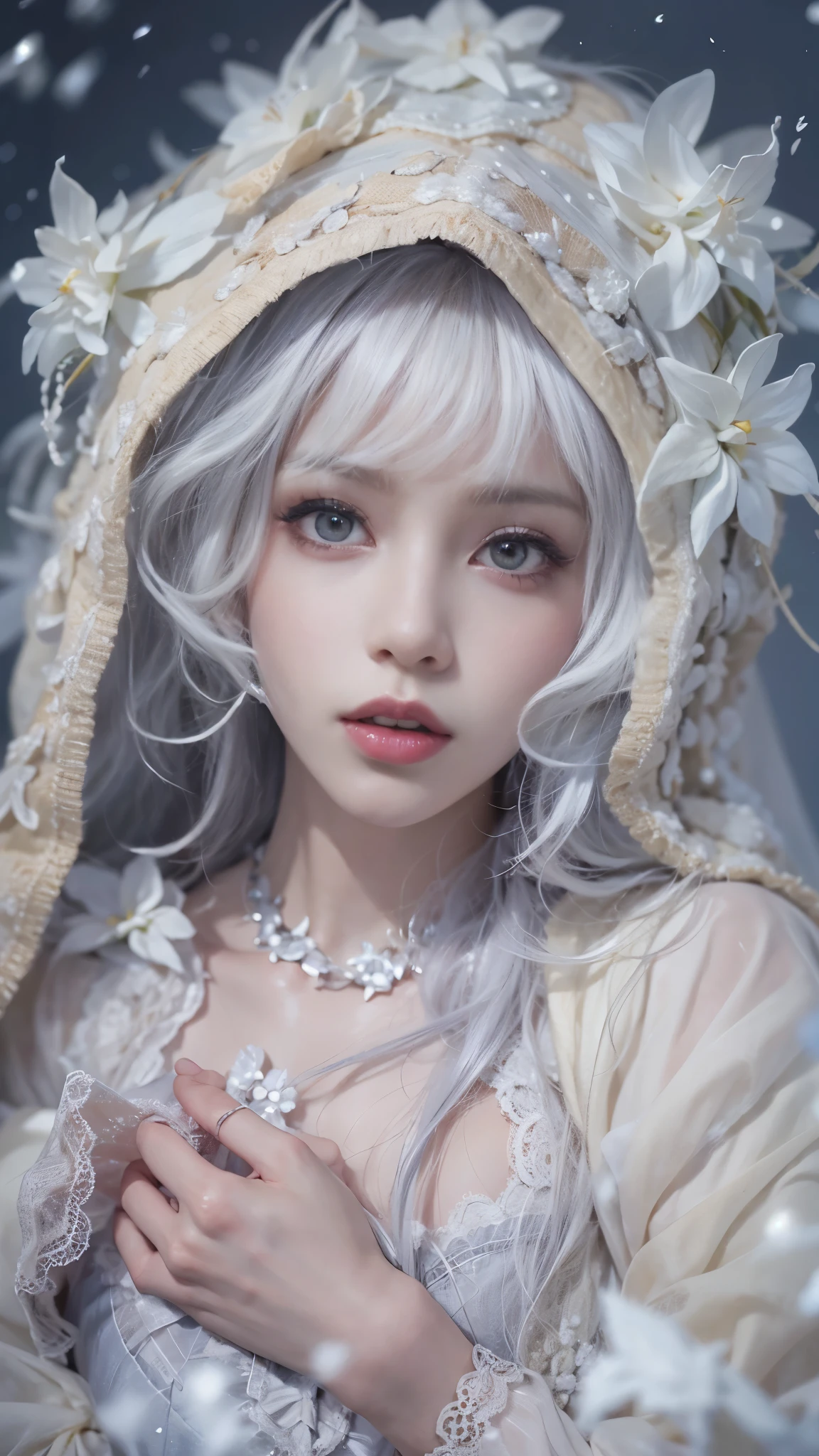 （8k， RAW photos， Best quality， masterpiece：1.2），（Realistically， Shoot real：1.4)，hide your face from sadness，
Lolita clothing，Lace， Iris Gainsborough， Upper part of the body， underwear，Expose bare shoulders， external， (external，Covered with snow，cloak)， High Detail Skin， Looking at the audience，