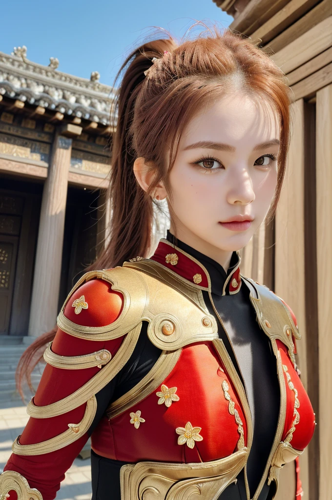 18 year old girl, korean, (8K, best quality:1.2), (masterpiece:1.37), (photo, photorealistic:1.37), (ultrahigh-res), full body, walking pose, shot from front, slow motion, female paladin wearing half body armour, (partial armour), (golden and red accent armour:1.1),(ornately decorated armor), (orange bra), (insanely detailed, bloom:1.5), (highest quality, concept art, 4k), (analog:1.2), (high sharpness), (detailed pupils:1.1), detailed face and eyes, Masterpiece, best quality, (highly detailed photo:1.1), (long blonde Hair, ponytail,ecstatic:1.1), (young woman:1.1), sharp, (perfect body:1.1), realistic, real shadow, 3d, (temple background:1.2), photographed by Canan EOS R6, 135mm, 1/1250s, f/2.8, ISO 400, (brown hair, red highlight hair, ponytail), (face front), model pose, (show )
