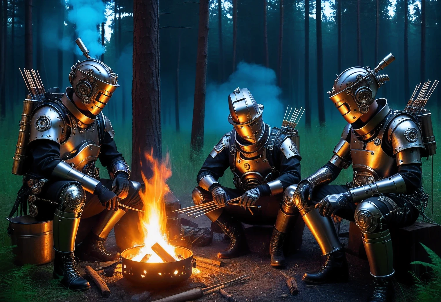 3 complex cyborgs are sitting in the forest at night near Campfire and frying metal gears on skewers, high detail, cyborgs are shown in detail, a combination of steampunk and Hi-tech Tech, difficult, filigree, realistic brush strokes, high texture smoothing, real, existing