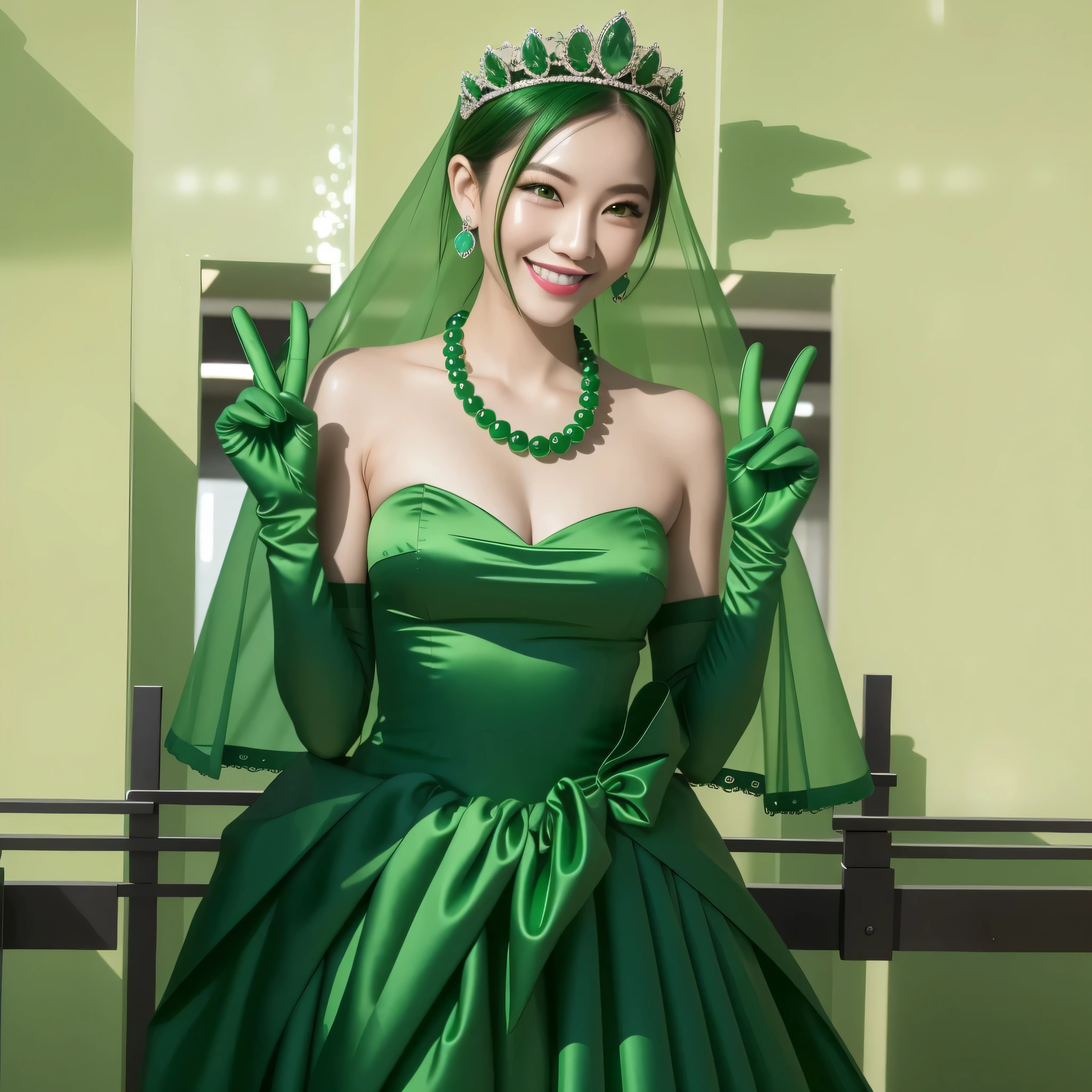 Emerald tiara, Green Pearl Necklace, boyish very short green hair, Green Lips, Smiling Japanese woman, Very short hair, Busty beautiful lady, Green Eyes, Green satin long gloves, Green Eyes, emerald earrings, Green veil, Heart with both hands, Green Hair, Beautiful Japanese Women, v sign, green lip gloss