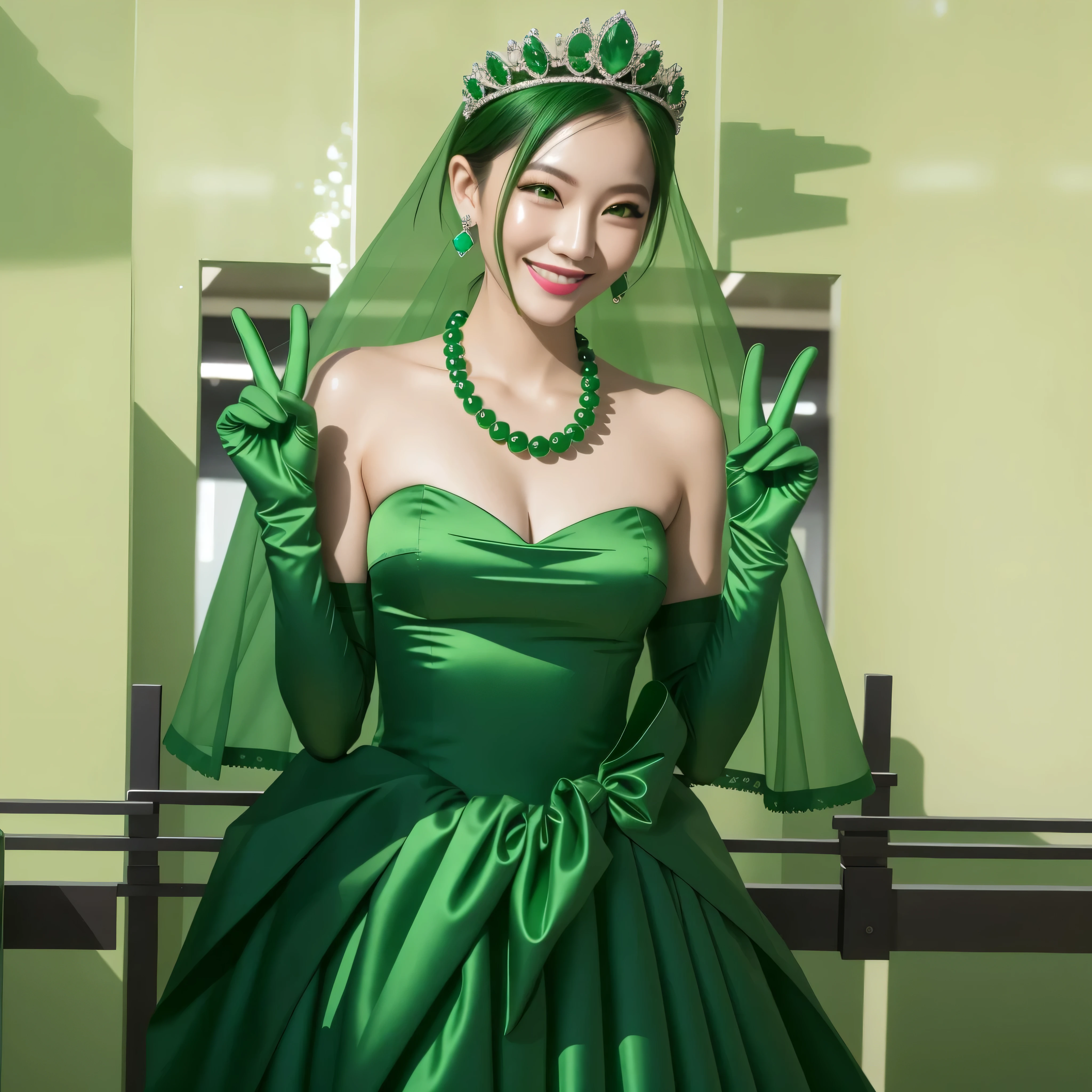 Emerald tiara, Green Pearl Necklace, boyish very short green hair, Green Lips, Smiling Japanese woman, Very short hair, Busty beautiful lady, Green Eyes, Green satin long gloves, Green Eyes, emerald earrings, Green veil, Heart with both hands, Green Hair, Beautiful Japanese Women, v sign, green lip gloss