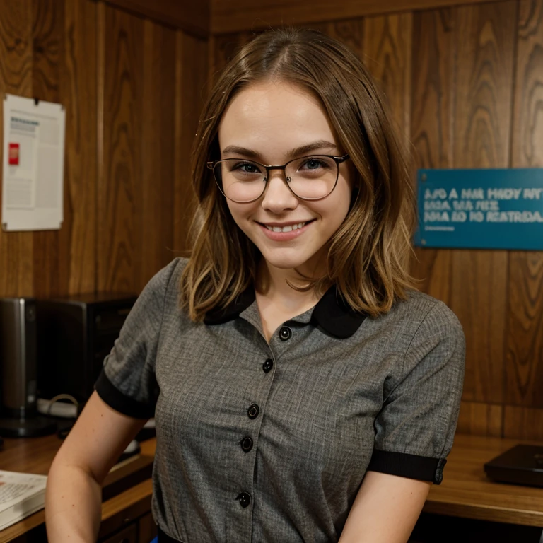 AnnaSophia Robb dressed as a secretary with glasses smiling