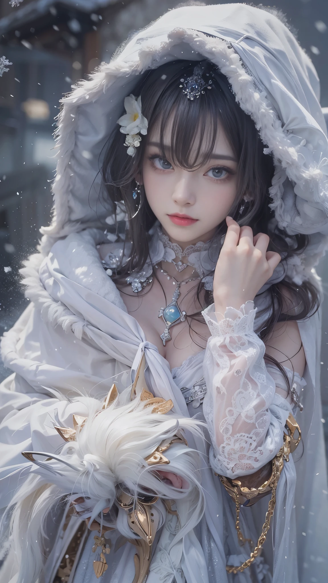 (8k, RAW photos, Best quality, masterpiece:1.2),(Realistically, Shoot real:1.4),hide your face from sadness,
Lolita clothing,Lace, Iris Gainsborough, Upper part of the body, underwear,Expose bare shoulders, external, (external,Covered with snow,cloak), High Detail Skin, Looking at the audience,