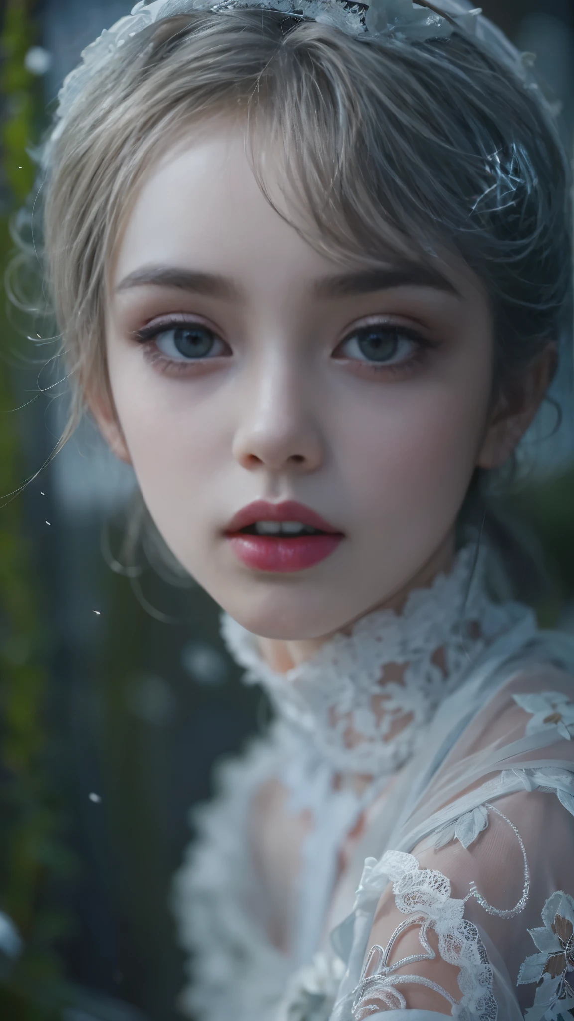 (8k, RAW photos, Best quality, masterpiece:1.2),(Realistically, Shoot real:1.4),hide your face from sadness,
ta clothing,Lace, Iris Gainsborough, Upper part of the body, underwear,Expose bare shoulders, external, (external,Covered with snow,cloak), High Detail Skin, Looking at the audience,
