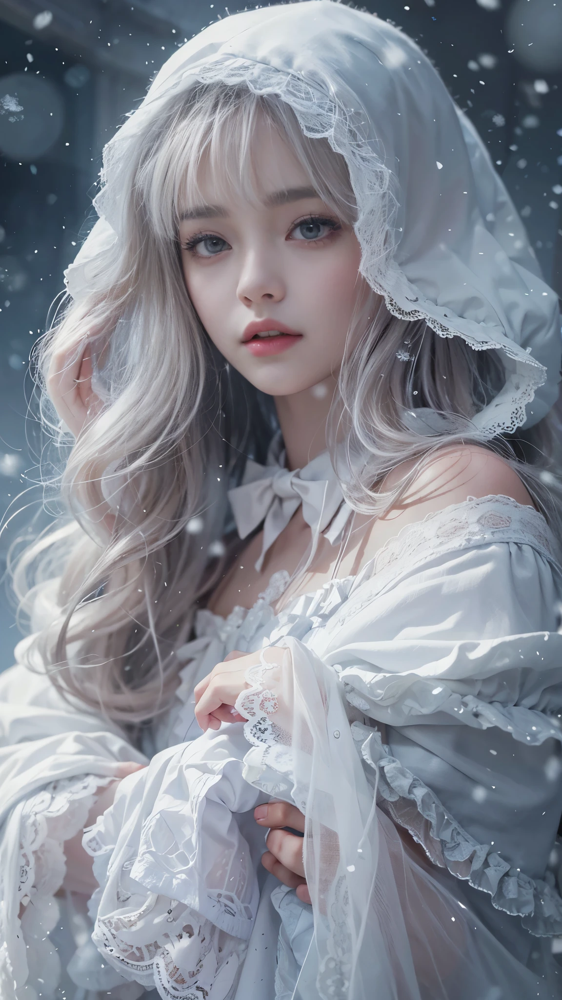 (8k, RAW photos, Best quality, masterpiece:1.2),(Realistically, Shoot real:1.4),hide your face from sadness,
Lolita clothing,Lace, Iris Gainsborough, Upper part of the body, underwear,Expose bare shoulders, external, (external,Covered with snow,cloak), High Detail Skin, Looking at the audience,