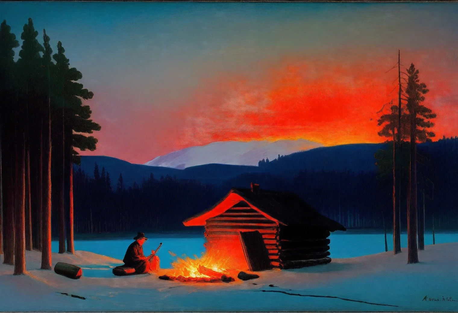 A painting by the artist Arkhip Kuindzhi, Campfire in the night forest, in the background a wooden hut of a forester, oil on canvas, full compliance with the style of Arkhip Kuindzhi