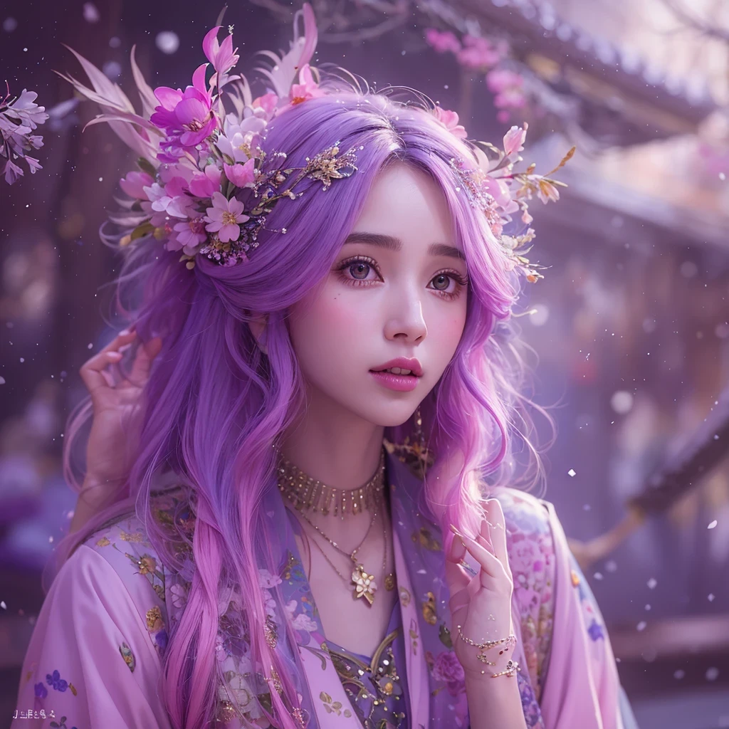 Snow hoop exclusion area 32K（tmasterpiece，k hd，hyper HD，32K）Long flowing purple-pink hair，Autumn Pond，zydink， a color， Tongzhou people （Girl with glowing eyes）， （Thin silk scarf）， Side squat position， looking at the ground， long whitr hair， Floating hair， Python headdress， Chinese long-sleeved clothing， （abstract ink splash：1.2）， white backgrounid，Lotus protector（realisticlying：1.4），Purple-pink hair，Snowflakes fluttering，The background is pure， A high resolution， the detail， RAW photogr， Sharp Re， Nikon D850 Film Stock Photo by Jefferies Lee 4 Kodak Portra 400 Camera F1.6 shots, Rich colors, ultra-realistic vivid textures, Dramatic lighting, Unreal Engine Art Station Trend, cinestir 800，Long flowing purple-pink hair，((masterpiece)). This artwork is sweet, dreamy and ethereal, with soft pink watercolor hues and candy accents. Generate a delicate and demure fae exploring a (bubblegum world with a wide variety of pastel shades). Her sweet face is extremely detailed and realistic with elegant features and a fierce expression, and looks like ((((naomi scott)))). Include mature features and stunning, highly realistic eyes. Her eyes are important and should be realistic, highly detailed, and beautiful. In high definition and detail, include lots of details like stars, galaxies, colorful bubbles, colorful petals, and lots of energy and emotion! The stars and colorful bubblegum bubbles are important! Include fantasy details, enhanced details, iridescence, colorful glittering wind, and pollen. Pay special attention to her face and make sure it is beautifully and realistically detailed. The image should be dreamy and ethereal.8k, intricate, elegant, highly detailed, majestic, digital photography