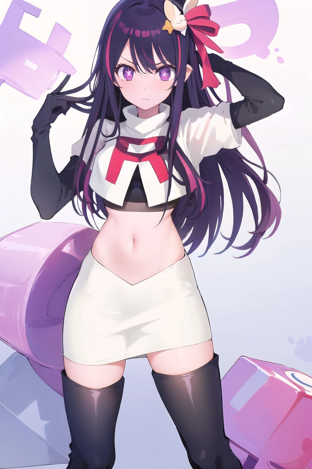 1girl, Hoshino Ai, long hair, purple hair, streaked hair ,purple eyes, star-shaped pupils, hair ornament, team rocket,team rocket uniform,white skirt,red letter R,crop top,black thigh-highs,black elbow gloves