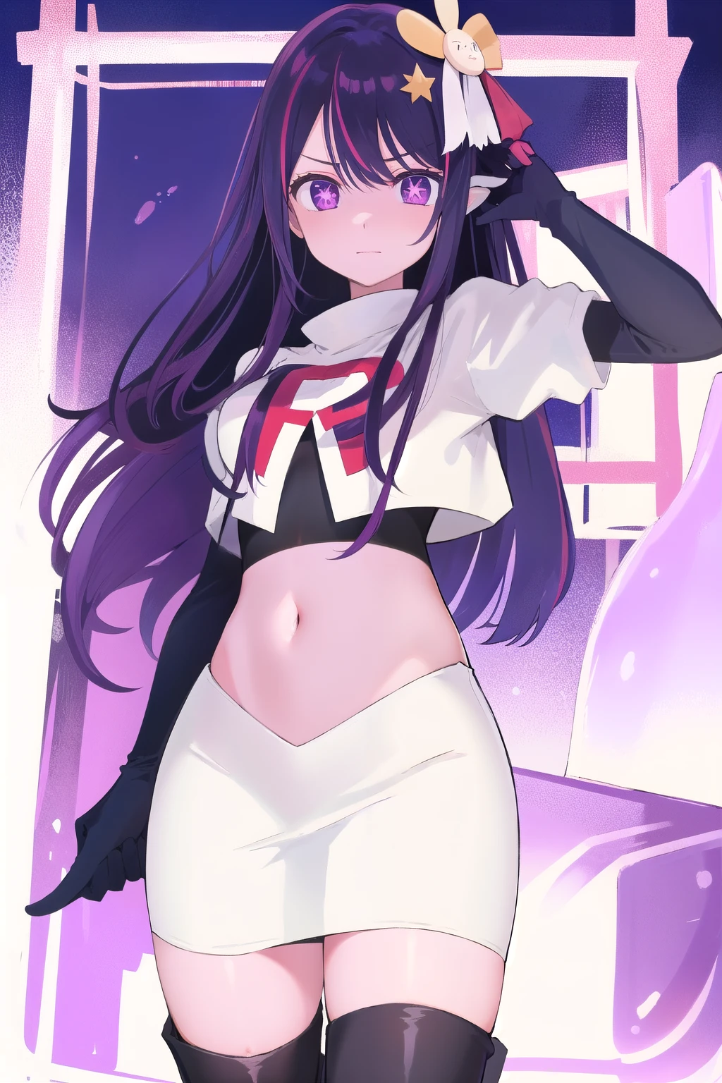 1girl, Hoshino Ai, long hair, purple hair, streaked hair ,purple eyes, star-shaped pupils, hair ornament, team rocket,team rocket uniform,white skirt,red letter R,crop top,black thigh-highs,black elbow gloves