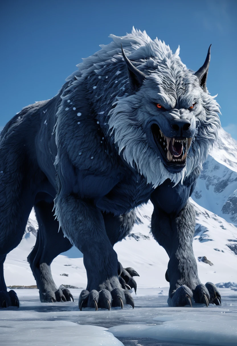 a giant wolves creature near the mountains and ice and snow, in the style of primitivist frenzy, manticore, unreal engine, nicolas mignard, strong facial expression, alexandr averin, dark white and dark blue::, an enormous snow monster is standing on the ice, in the style of epic fantasy scenes, manticore, explosive wildlife, terragen, dark gray, caninecore, strong facial expression:: --v 5.2