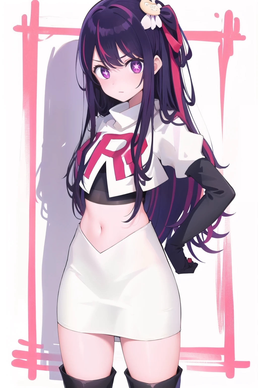 1girl, Hoshino Ai, long hair, purple hair, streaked hair ,purple eyes, star-shaped pupils, hair ornament, team rocket,team rocket uniform,white skirt,red letter R,crop top,black thigh-highs,black elbow gloves
