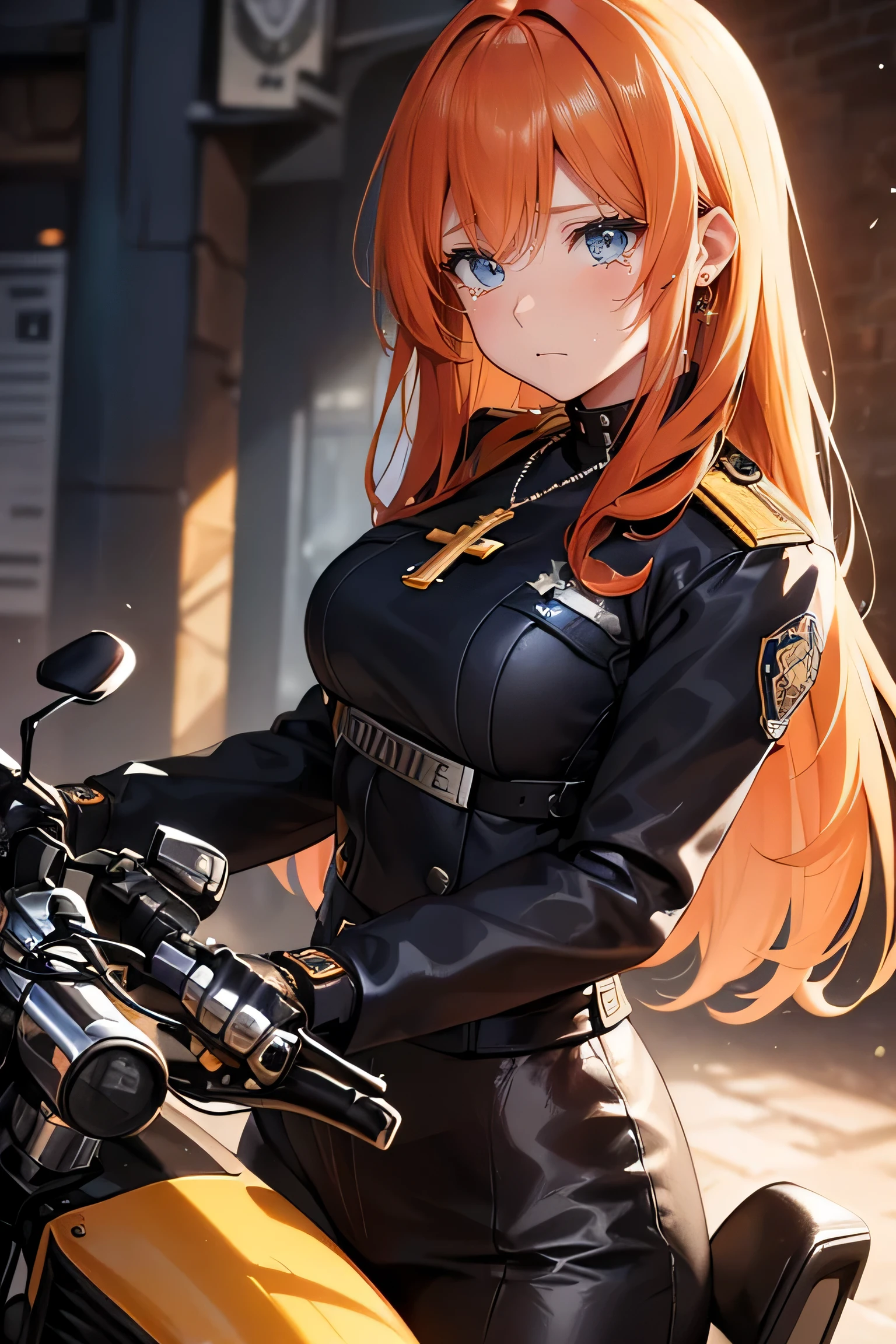 Ginger hair, long hair, straight bangs, police officer, police uniform, woman, illustrations, high-quality, ultra-detailed, realistic, vivid colors, portraits, warm tones, soft lighting. ((Necklace with a cross)). Woman. (police motorcycle) (Sad expression) (tears) (Posing as a model) ((Dynamic pose)) full body, Wearing leather gloves